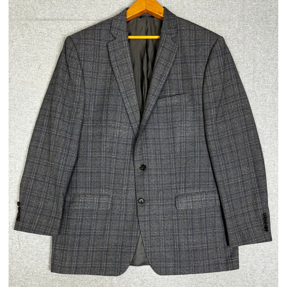 Ralph Lauren Blazer 46L Grey Blue Prince of Wales Plaid Wool Stretch Sport Coat